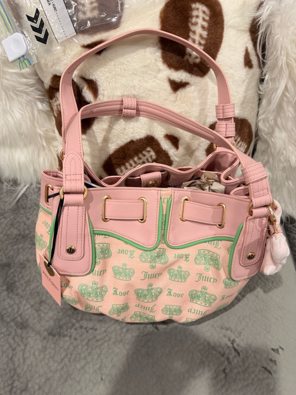 Juicy Couture Pink Shoulder Bag with Mint Logo Print